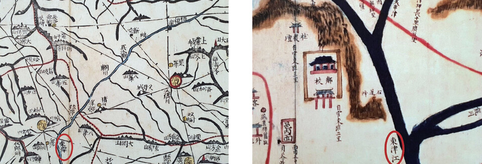 조선시대 대동여지도(왼쪽)와 연기현(지금의 조치원) 지도에는 미호천 하류가 동진천으로 표기되어 있다.