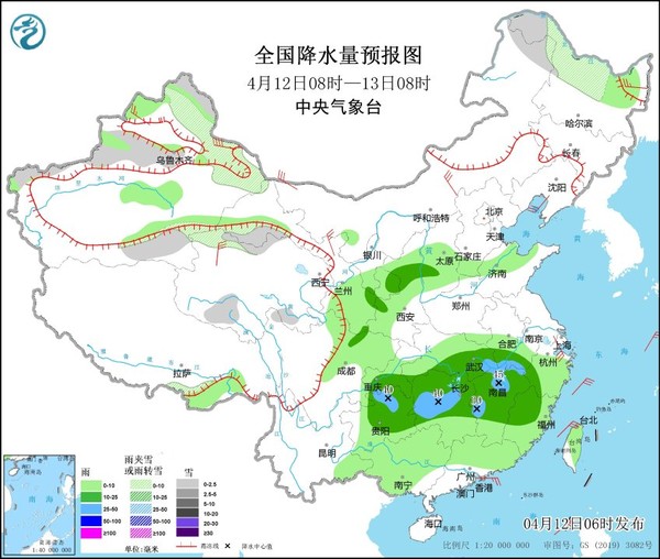 중국 중남부 전반에 강수가 예보되어 있다, 다만 한국 황사에 영향이 큰 네이멍구 마오우쑤 사막 등은 강수대가 걸치지 않는다. 자료=중국 중앙기상대