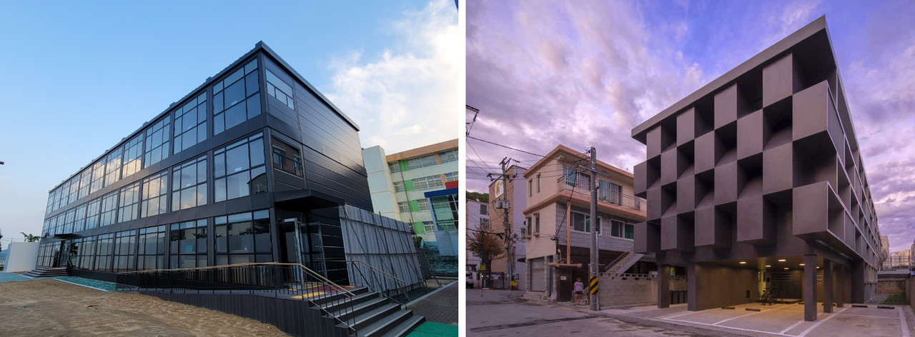 전국에 보급 중인 모듈러 교실과 모듈러 공법을 적용한 경기행복주택(왼쪽사진:경기도시공사. 원본:정광식 사진기자)