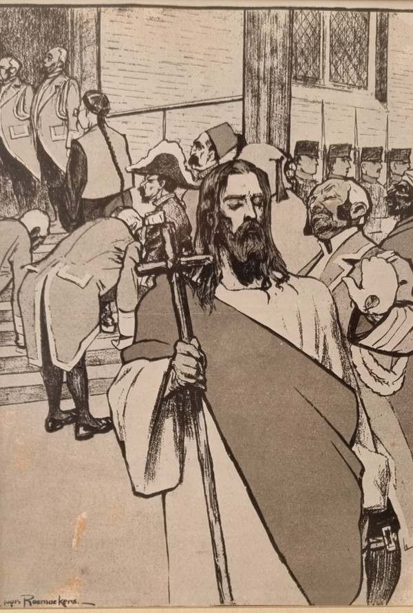1907년 7월 16일 만평은 헤이그 특사를 회의장서 문전박대당하는 ‘예수’에 빗댔다. 원래 그림은 칼라였다. 사진=이준평화기념관 촬영